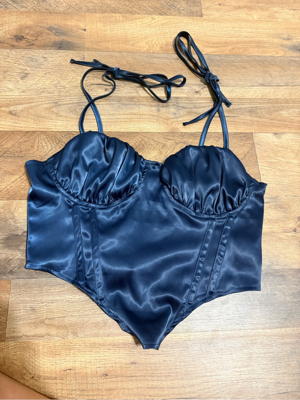 PrettyLittleThing Navy Satin One-Piece Bodysuit with Tie Straps